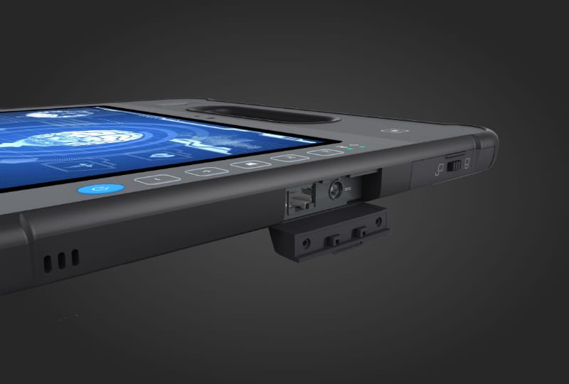 MD-100 side view showing port covered for industrial design and IP ratings as an industrial grade rugged tablet pc platform