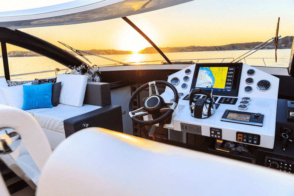 Boat installed with touchscreen controller for entertainment and equipment sensors