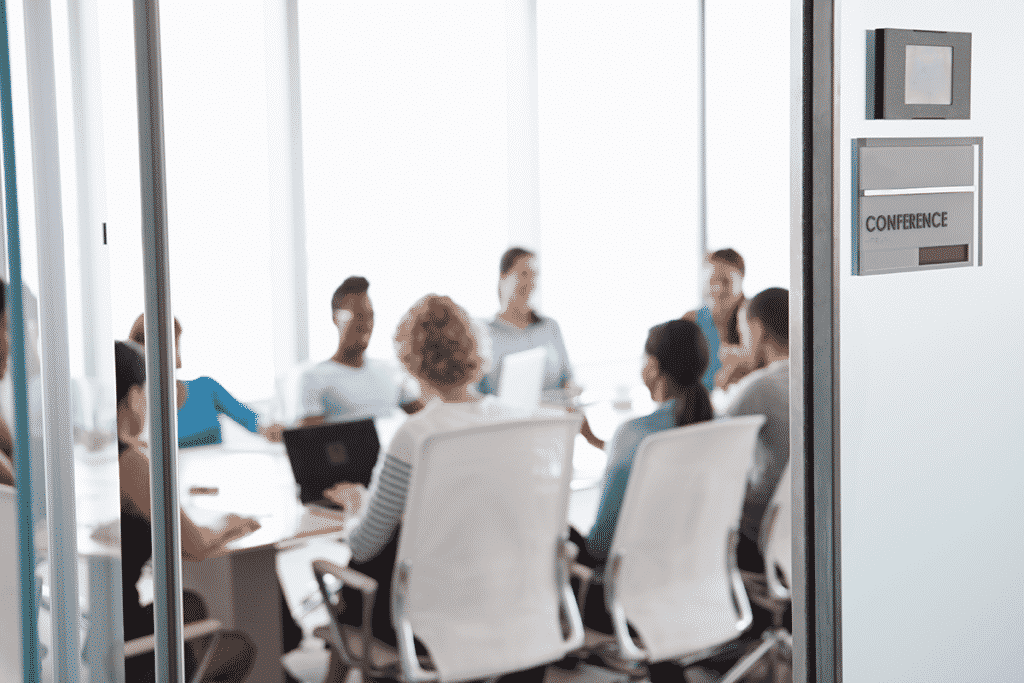 Conference room in office building during meeting