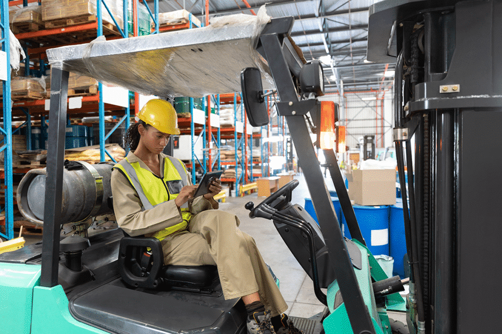 Warehouse worker using tablet to check inventory in a smart warehouse