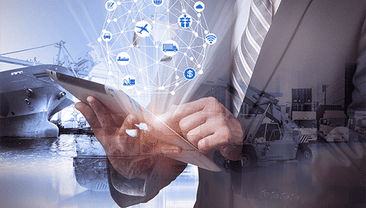 Supply chain and logistics icons coming from a tablet