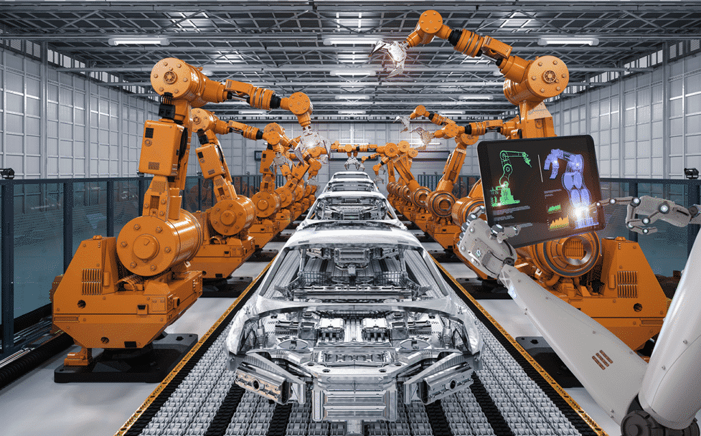 Assembly line of robotic arms in a manufacturing environment