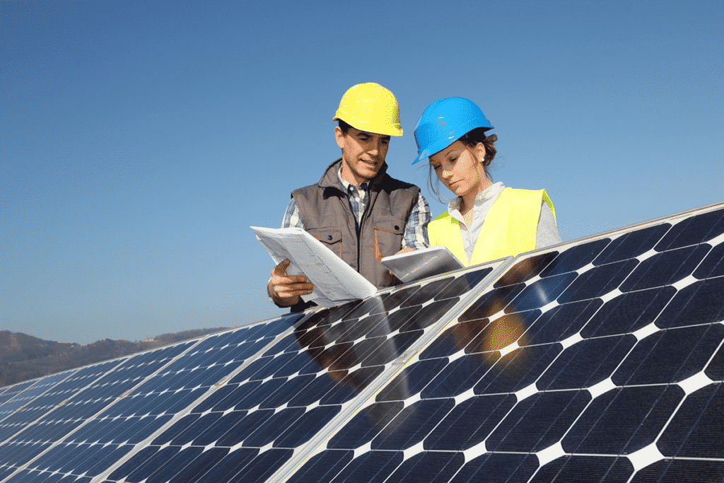 Solar energy workers using sunlight readable tablet in a solar field