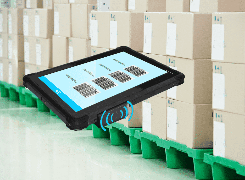 UR-100 Rugged Windows Tablet PC with Integrated NFC RFID Reader scanning boxes in a warehouse for inventory