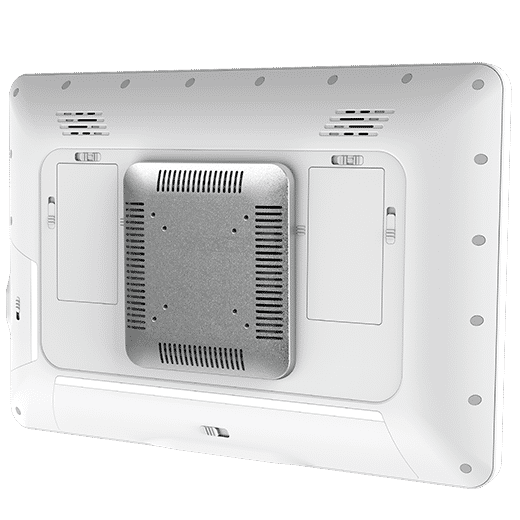 Back of the EM-2100 showing mounting pattern and dual hot-swappable batteries for mobility purposes.